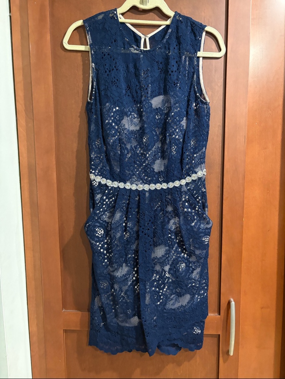 City Triangles Navy Lace Midi Dress with Beaded Waist